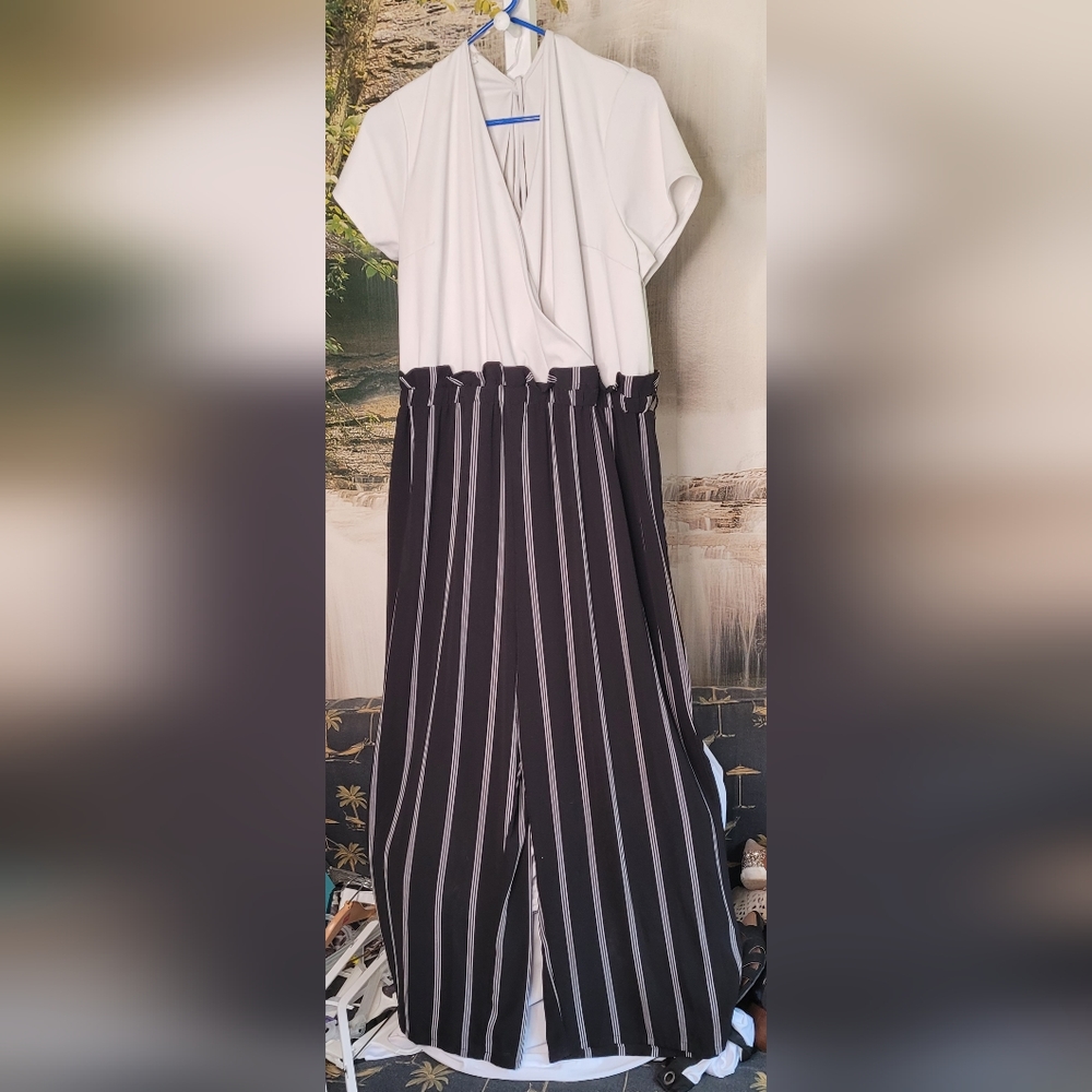 Maurices Womens plus 3 long striped pants classic romper jumpsuit navy white